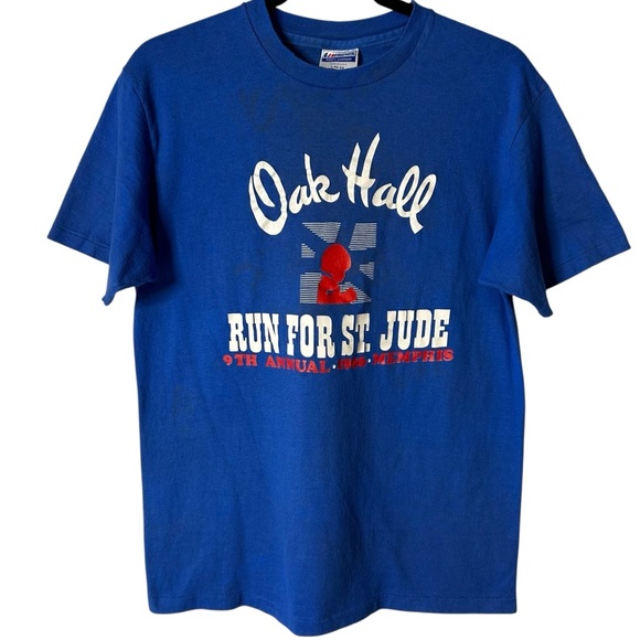 VINTAGE | ‘86 Oak Hall Run For St Jude Memphis Tee - Blue - Sz VTG Lg - Picture 1 of 14